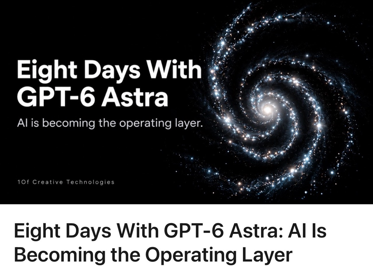 Eight Days With GPT-6 Astra cover showing a bright galaxy and operating layer headline