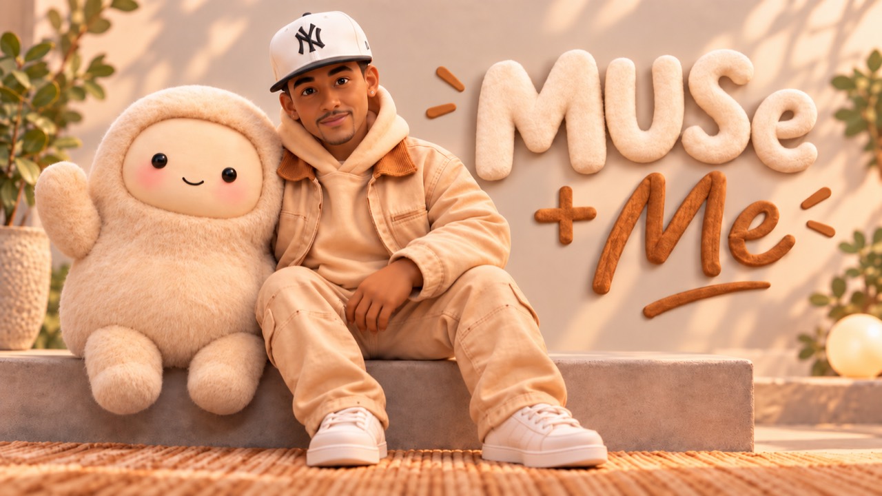Claymation portrait of Jim Hernandez seated beside Muse with the words Muse plus Me