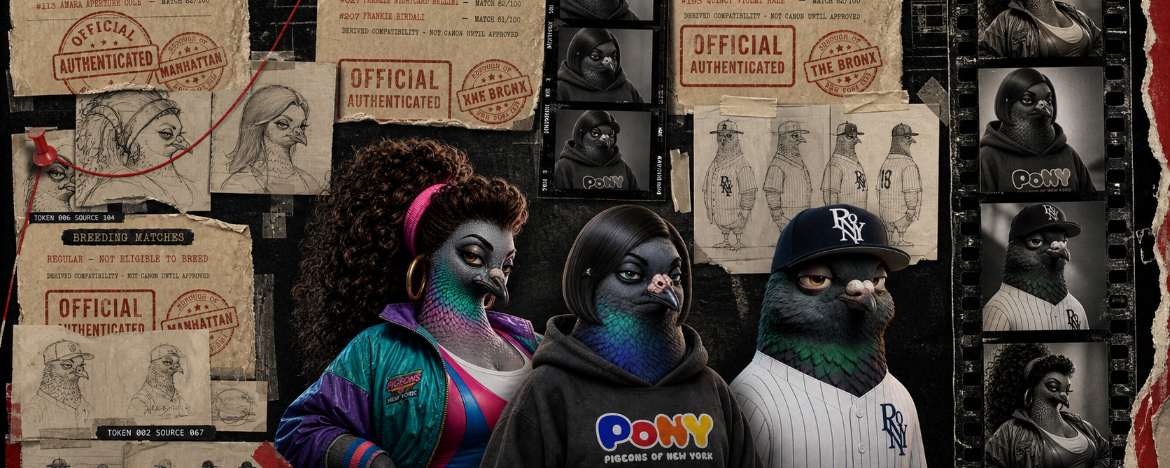 Pigeons of New York characters surrounded by five years of sketches, story work, and creative tools