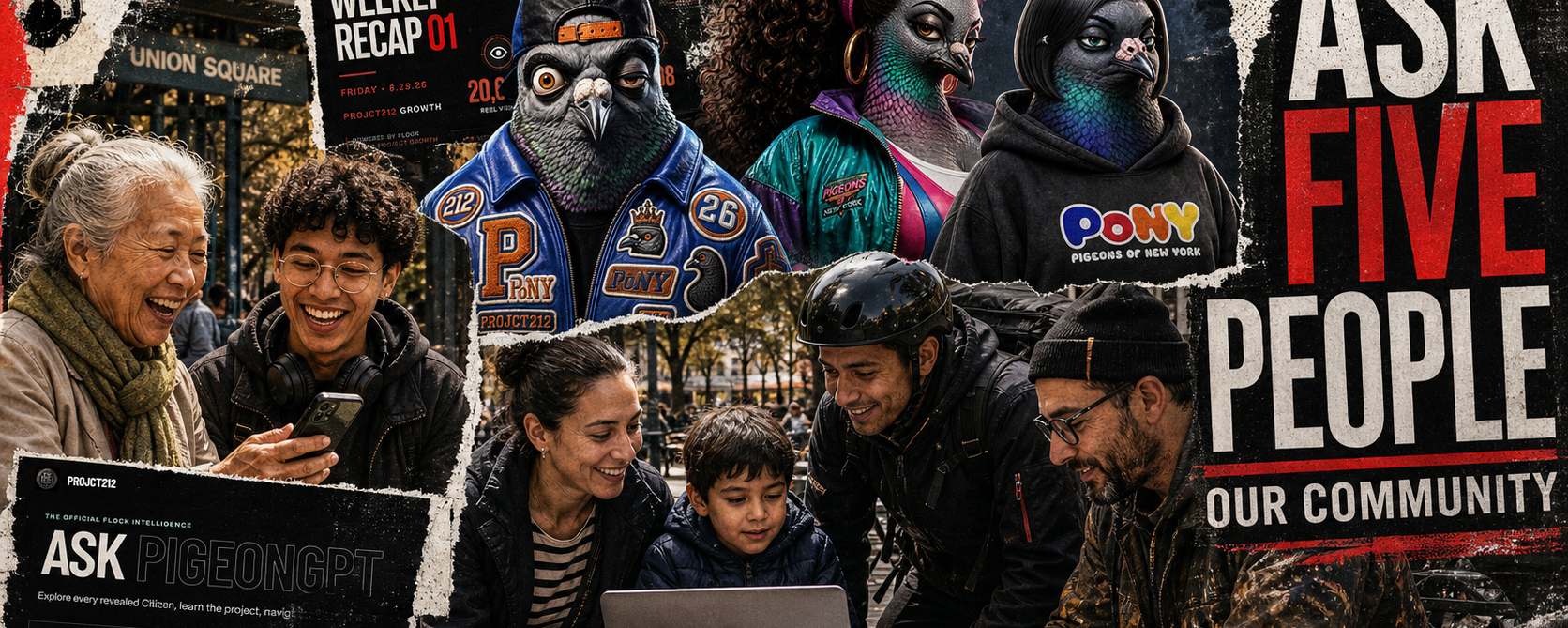 A PROJCT212 community gathering with people and multiple pigeon characters