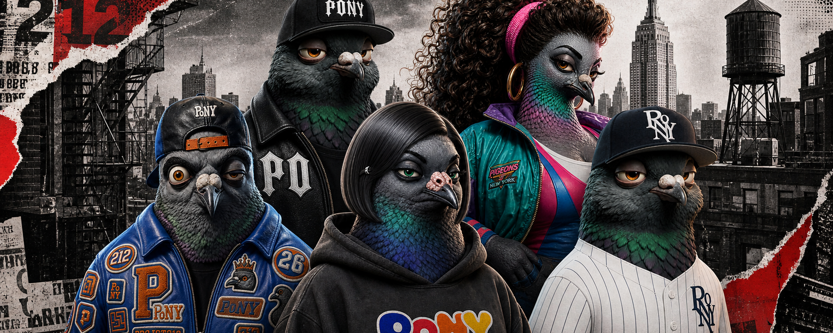 A crowd of distinct Pigeons of New York characters inviting visitors to meet the flock